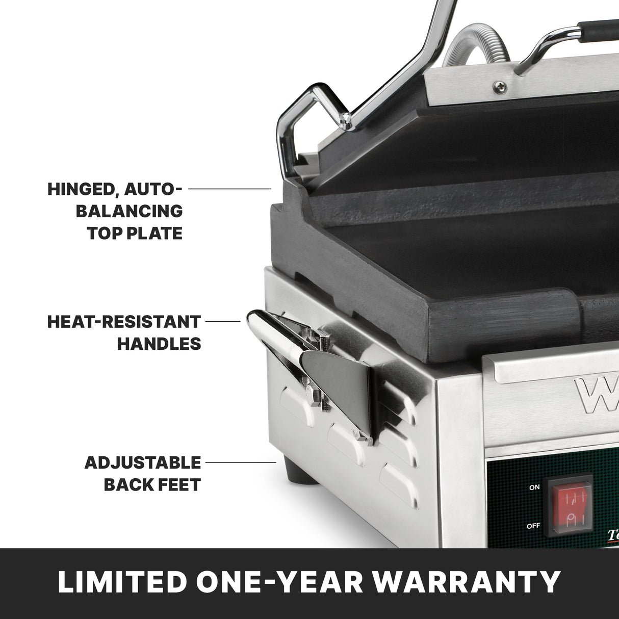 Close-up of a Compact Toasting Grill sandwich press with labels highlighting its hinged, auto-balancing top plate, heat-resistant handles, and adjustable back feet. Features durable cast iron plates and an “LIMITED ONE-YEAR WARRANTY” banner at the bottom.