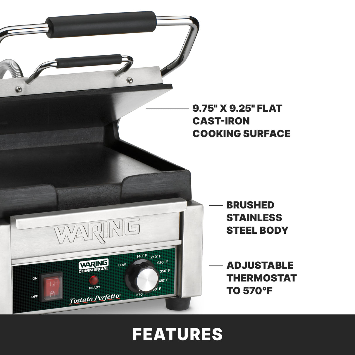 A stainless steel Waring Compact Toasting Grill with a raised lid, exposing 9.75x9.25 flat cast iron plates. Features an adjustable thermostat up to 570°F, brushed stainless steel body, and a control panel with labeled temperature settings.