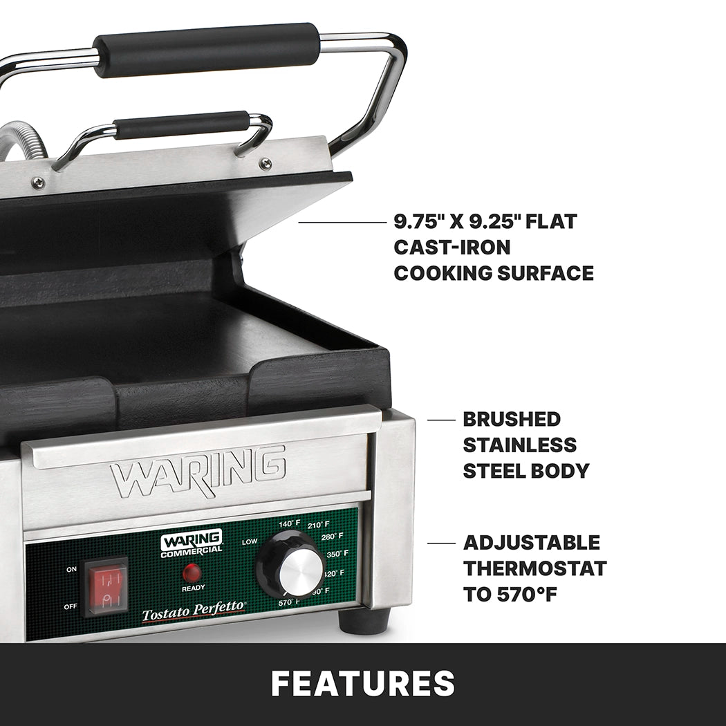 A Waring Compact Toasting Grill with 9.75 x 9.25 cast iron plates, brushed stainless steel body, and adjustable thermostats up to 570°F is shown with labeled features. The hinged lid is open, revealing the cooking surface.