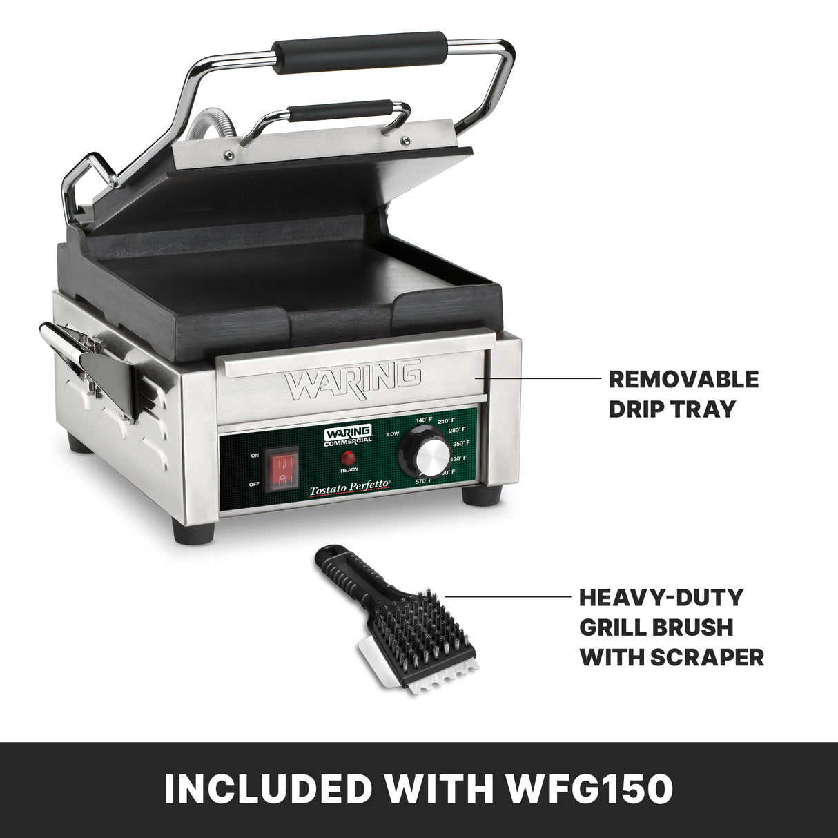 A stainless steel Waring Compact Toasting Grill panini press with cast iron plates and a raised lid, showing a removable drip tray on the left. A black grill brush with scraper is in front. These features come included with model WFG150.