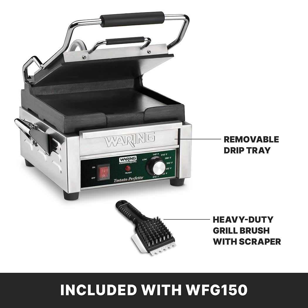 A stainless steel Waring sandwich grill (model WFG150) with the lid partially open reveals flat cast iron plates. Callouts highlight a removable drip tray and a heavy-duty grill brush with scraper. Text: INCLUDED WITH WFG150.