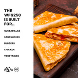 A wooden board displays three golden-brown, grilled quesadilla wedges filled with cheese and vegetables. To the left, bold black text highlights foods the toasting grill with adjustable thermostats and flat cast iron plates is built for. Certification logos appear below.