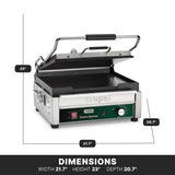 A stainless steel Waring Panini Grill with a handle, partially open, is shown. Black non-stick grill plates and an adjustable thermostat are visible. Measurements: width 21.7, height 23, depth 20.7. Control knob and indicator lights on the front panel.