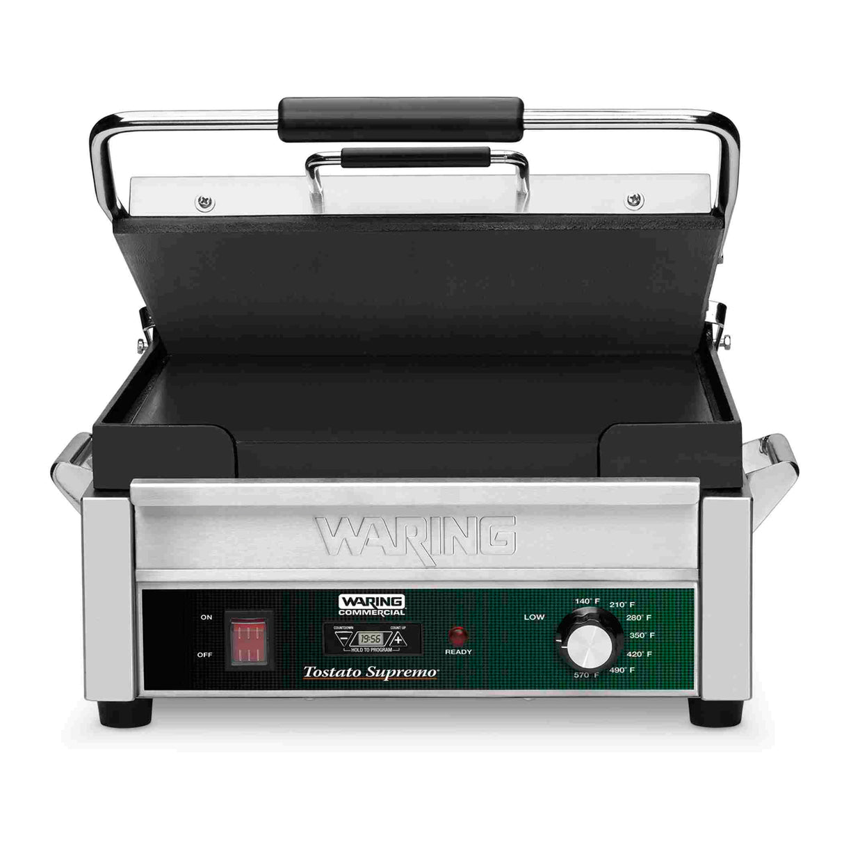 A stainless steel Waring commercial Panini Grill with a black handle, nonstick grill plates, control knob labeled “low” to “high,” red power switch, indicator lights, and the label Tostato Supremo on the front panel. The lid is open.
