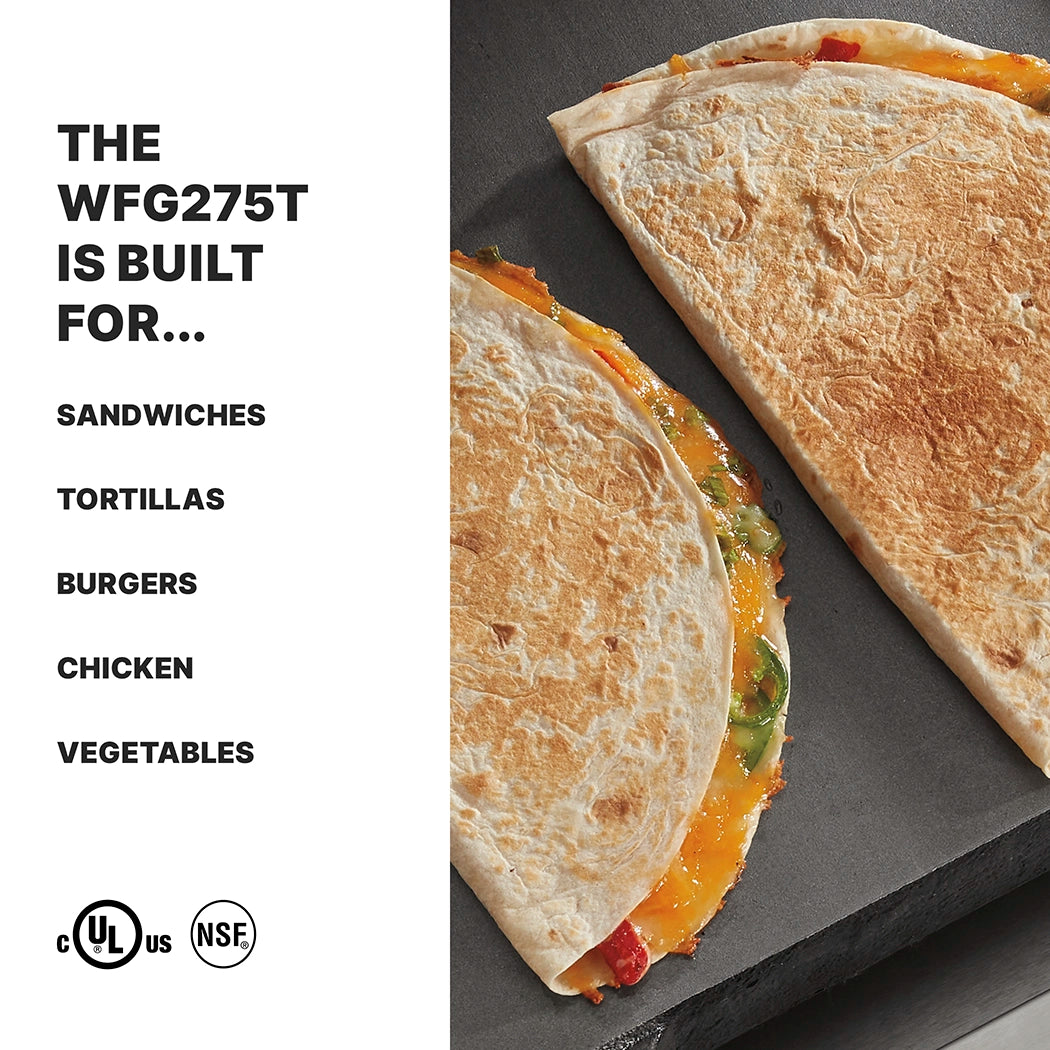 Two grilled tortillas, folded in half and filled with melted cheese and vegetables, sit on a dark panini grill. Text on the left lists foods the WFG275T is designed for: sandwiches, tortillas, burgers, chicken, and vegetables. Certification logos are at the bottom.