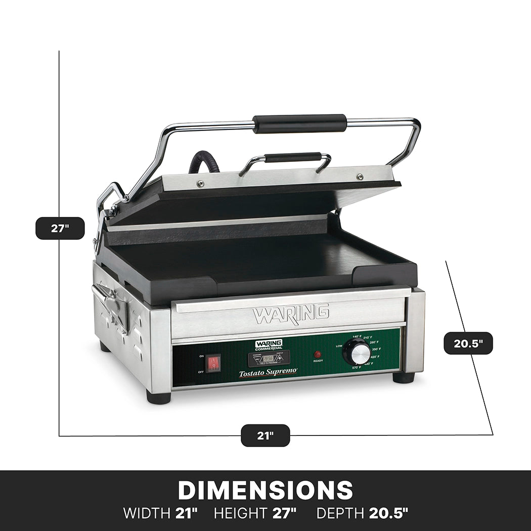 A stainless steel Waring panini grill with a partially open lid, control knob, programmable timer, and indicator lights. Dimensions are labeled: height 27, width 21, and depth 20.5. Features a cast iron cooking surface and black-green front panel.