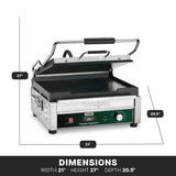 A stainless steel Waring panini grill with a partially open lid, control knob, programmable timer, and indicator lights. Dimensions are labeled: height 27, width 21, and depth 20.5. Features a cast iron cooking surface and black-green front panel.