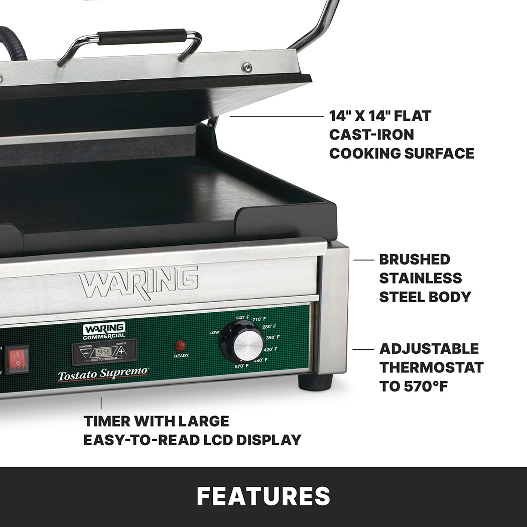 A Waring commercial panini grill with a 14 x 14 cast iron cooking surface, brushed stainless steel body, adjustable thermostat up to 570°F, and a programmable timer with a large easy-to-read LCD display. “FEATURES” is written at the bottom.
