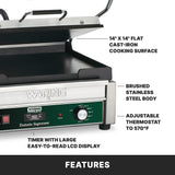A Waring commercial panini grill with a 14 x 14 cast iron cooking surface, brushed stainless steel body, adjustable thermostat up to 570°F, and a programmable timer with a large easy-to-read LCD display. “FEATURES” is written at the bottom.