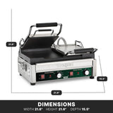 A stainless steel panini press with black handles is open, revealing ribbed cast iron plates. The dual toasting grill features adjustable thermostats, two control knobs, and indicator lights on a green front panel. Dimensions: 21.8”W x 21.6”H x 15.5”D.
