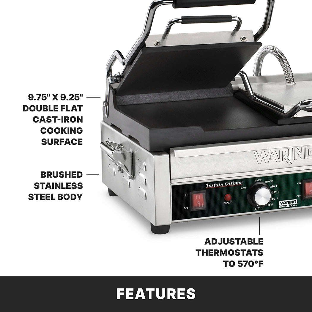 A stainless steel Waring sandwich press with dual toasting grill and double flat cast iron plates (9.75x9.25) is shown open. Features include adjustable thermostats up to 570°F and a brushed stainless steel body. FEATURES is displayed at the bottom.