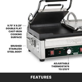 A stainless steel Waring sandwich press with dual toasting grill and double flat cast iron plates (9.75x9.25) is shown open. Features include adjustable thermostats up to 570°F and a brushed stainless steel body. FEATURES is displayed at the bottom.