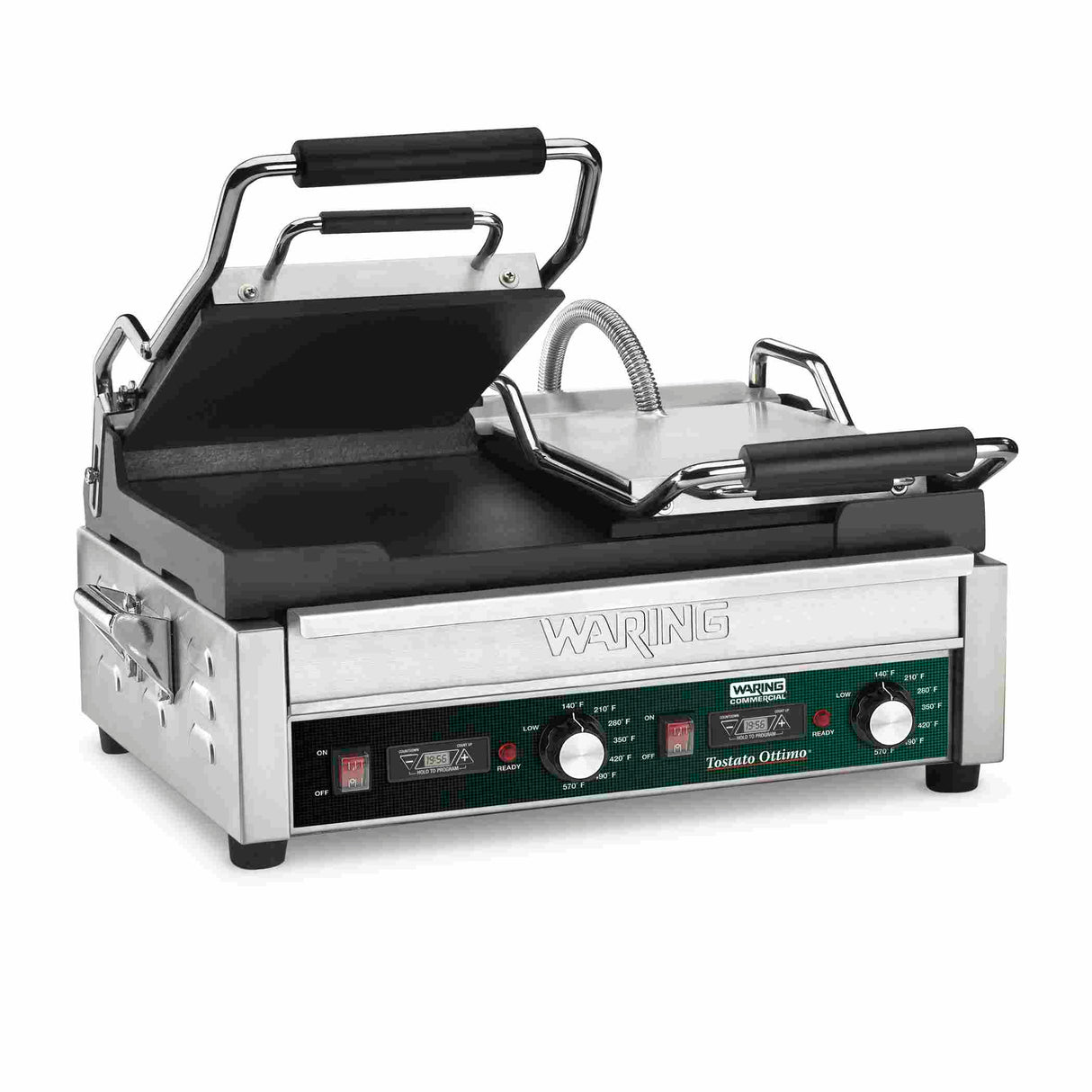 A stainless steel commercial dual toasting grill with black handles and adjustable knobs on the front panel, labeled “Waring” and “Toastie Ottimo.” The grill plates are partially open, revealing flat cast iron plates for even cooking.