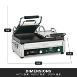 A stainless steel dual toasting grill panini press with raised upper grill plate and handles is shown. Dimensions: width 21.8, height 21.6, depth 15.5. Below, a control panel with adjustable thermostats is visible. Waring brand on front.