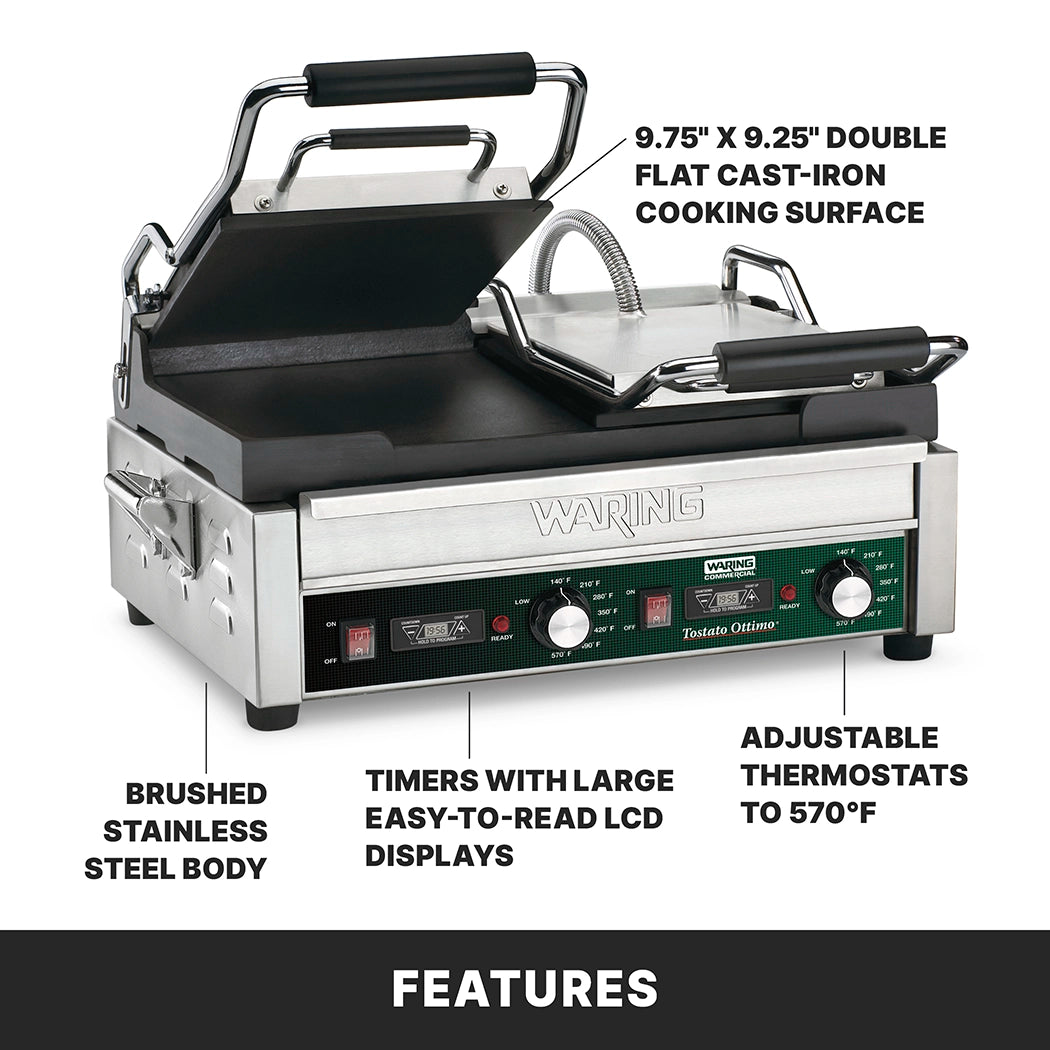 A stainless steel dual toasting grill with flat cast iron plates (9.75 x 9.25), open top plate, black handles, large LCD displays, multiple control dials, and adjustable thermostats up to 570°F. Text highlights product features.