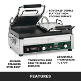 A stainless steel dual toasting grill with flat cast iron plates (9.75 x 9.25), open top plate, black handles, large LCD displays, multiple control dials, and adjustable thermostats up to 570°F. Text highlights product features.