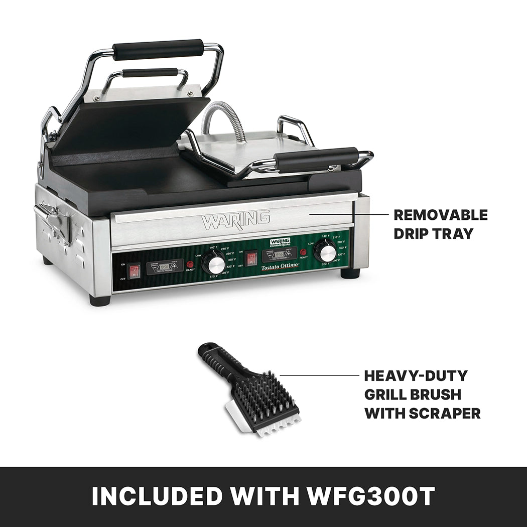 A Waring dual toasting grill with raised top plate, flat cast iron plates, and labeled removable drip tray. Below, a black heavy-duty grill brush with scraper. Text reads: INCLUDED WITH WFG300T on a black background.