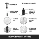 Top-down view of seven labeled batch bowl food processor accessories, including the sealed LiquiLock serrated S-blade with LiquiLock Seal System, grating disc, slicing disc, and more. Text: “Included with WFP11S commercial food processor.”.