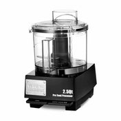 A Waring Commercial Pro Food Processor with a clear, round 2.5 quart bowl and LiquiLock Seal System, black base, and silver label. The front panel features ON and OFF-PULSE switches with the model capacity 2.5 Qt printed in white letters.