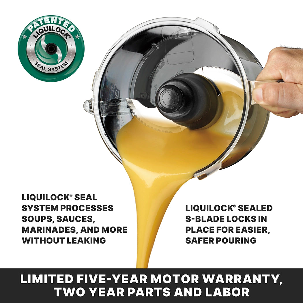 A hand pours yellow soup from a 2.5 quart commercial food processor bowl. Text highlights the patented LiquiLock Seal System that prevents leaks and an S-blade that locks for easy pouring. Bottom text mentions a limited five-year motor warranty and two-year parts and labor.