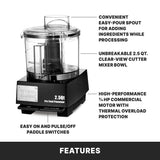 A Waring Commercial 2.5 quart food processor with a clear bowl and lid, featuring a LiquiLock Seal System, convenient spout, unbreakable bowl, high-performance ¾ HP motor, and easy paddle switches. The image title reads FEATURES at the bottom.