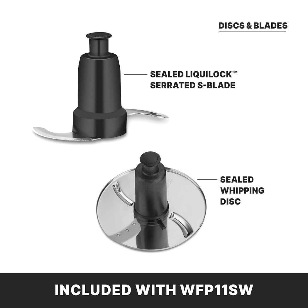 Two food processor attachments are shown: a black sealed LiquiLock serrated S-blade on top and a sealed whipping disc below, both designed for the 2.5 quart commercial food processor. Text at the bottom reads, “Included with WFP11SW.”.