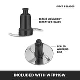 Two food processor attachments are shown: a black sealed LiquiLock serrated S-blade on top and a sealed whipping disc below, both designed for the 2.5 quart commercial food processor. Text at the bottom reads, “Included with WFP11SW.”.