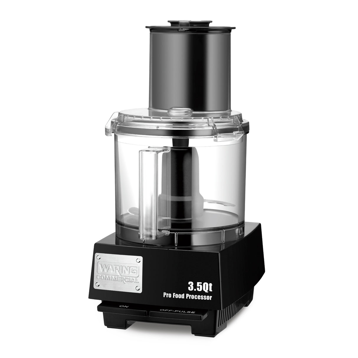 A black and clear Waring Commercial 3.5-quart batch bowl food processor with a large transparent bowl, handle, and feed chute features the LiquiLock Seal System for mess-free operation. The black base includes silver branding and labeled buttons.