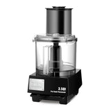 A black and clear Waring Commercial 3.5-quart batch bowl food processor with a large transparent bowl, handle, and feed chute features the LiquiLock Seal System for mess-free operation. The black base includes silver branding and labeled buttons.