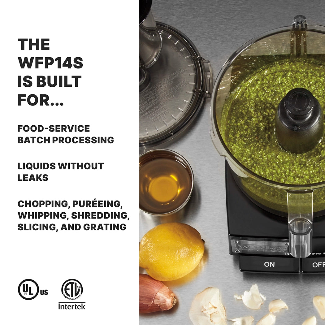 A Waring WFP14SK commercial batch bowl food processor filled with green pesto sits on a countertop beside a metal mixing bowl, a cracked egg in a bowl, lemon, garlic cloves, and shallot. Text highlights its LiquiLock Seal System and versatile functions.