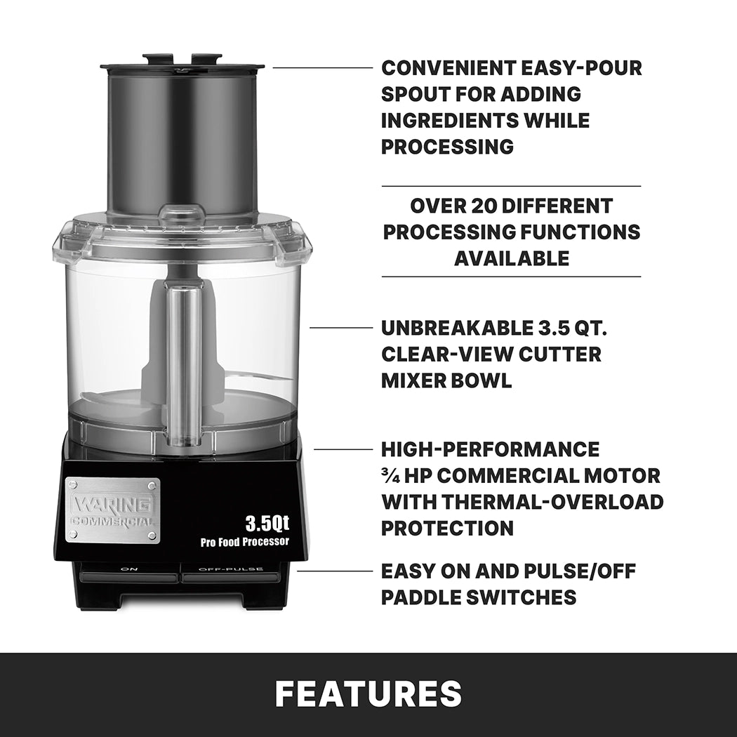 A Waring WFP14SE commercial batch bowl food processor with labeled features, including a LiquiLock seal system, convenient pour spout, 20+ processing functions, unbreakable 3.5 qt bowl, powerful motor with overload protection, on/pulse switches, on a black FEATURES background.