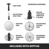 Image showing standard accessories for the WFP14S commercial food processor: disc stem, adjustable disc stem, sealed LiquiLock serrated S-blade, grating disc, adjustable slicing disc, sealed whipping disc, and reversible shredding disc.