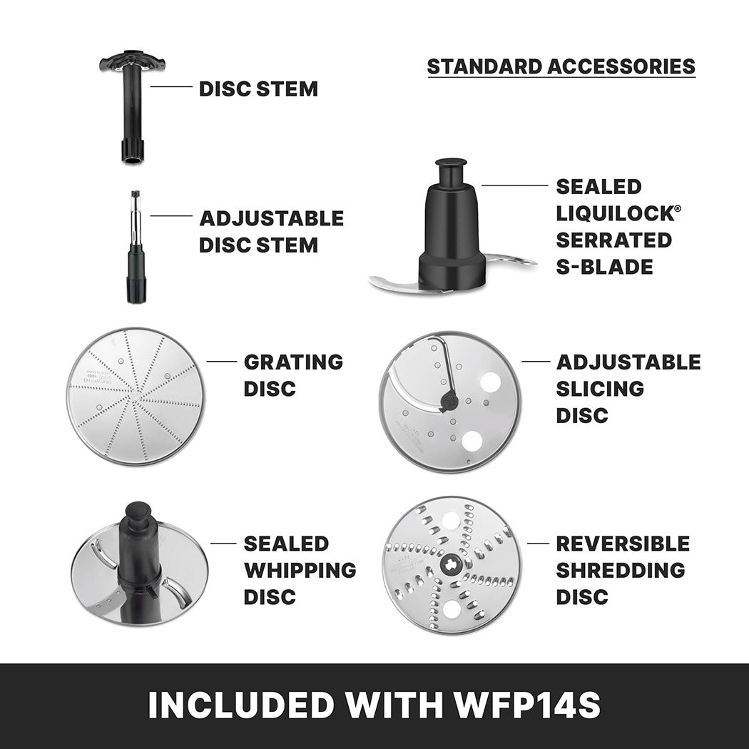 Image displaying six standard accessories included with the Waring WFP14SE commercial batch bowl food processor, featuring the reliable LiquiLock seal system and discs for slicing, grating, shredding, whipping, and more.