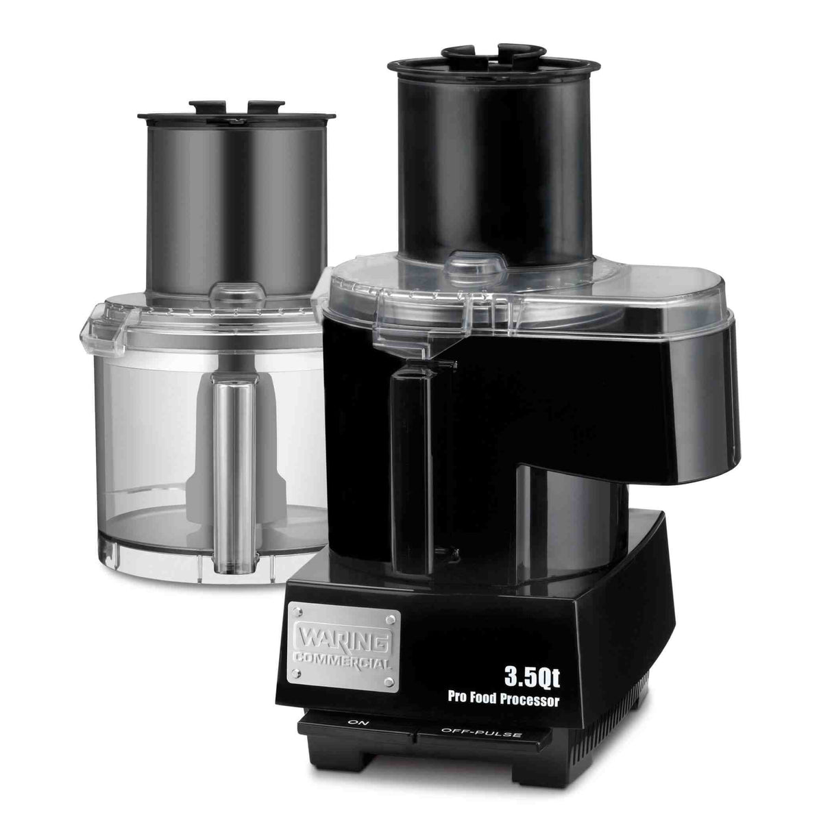 A black and clear Waring Commercial 3.5qt commercial food processor with two attachments; one is attached to the machine, and the other stands beside it. The front panel features control switches labeled on and off/pulse.
