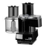 A black and clear Waring Commercial 3.5qt commercial food processor with two attachments; one is attached to the machine, and the other stands beside it. The front panel features control switches labeled on and off/pulse.