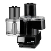 A black and clear Waring Commercial 3.5qt commercial food processor with two attachments; one is attached to the machine, and the other stands beside it. The front panel features control switches labeled on and off/pulse.