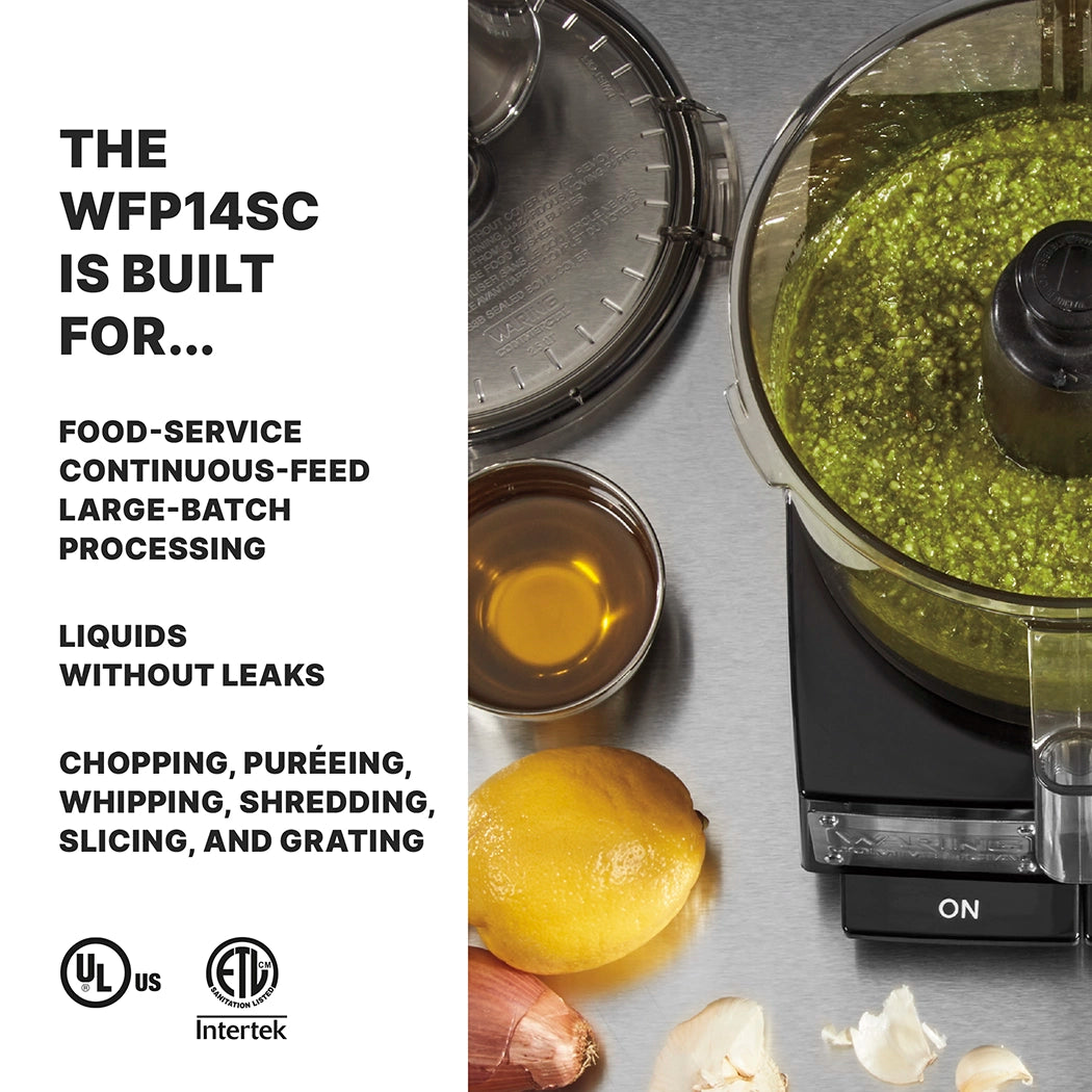 A batch bowl food processor containing green sauce sits on a counter next to a lid, a bowl of oil, a lemon, a cracked egg, and garlic. Text on the left lists features like large-batch and leak-free processing, plus chopping and puréeing.