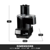 A black Waring Commercial 3.5-quart batch bowl food processor is shown against a white background. Dimensions are labeled: width 10.125 inches, height 16 inches, and depth 11.55 inches. The text “DIMENSIONS” appears below.