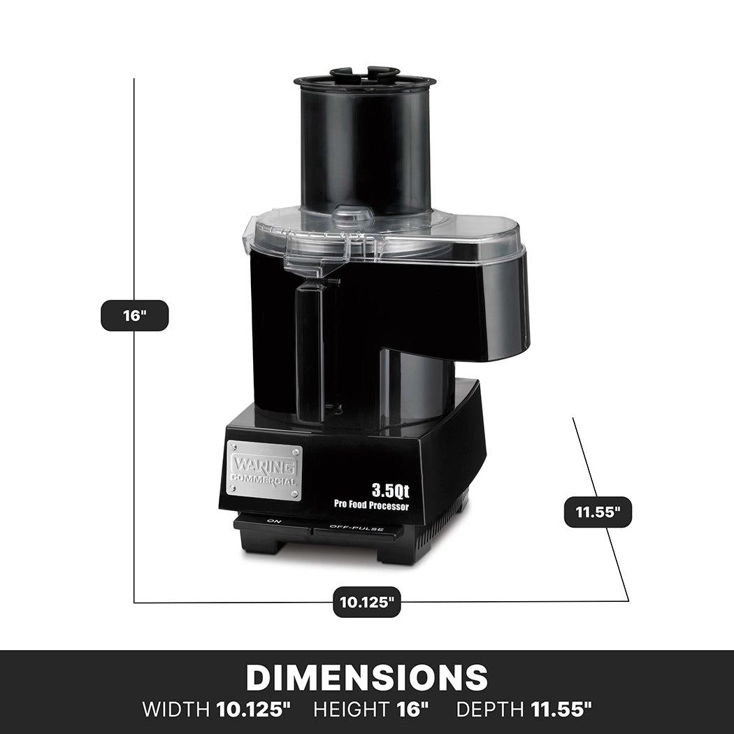 A black Waring Commercial 3.5-quart batch bowl food processor sits upright on a white background. Dimensions—16" tall, 11.55" deep, and 10.125" wide—are shown, with a clear lid covering the bowl and “DIMENSIONS” labeled at the bottom.