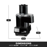 A black Waring Commercial 3.5-quart batch bowl food processor sits upright on a white background. Dimensions—16" tall, 11.55" deep, and 10.125" wide—are shown, with a clear lid covering the bowl and “DIMENSIONS” labeled at the bottom.