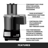 A black and silver 3.5-quart commercial food processor with labeled features: easy-pour spout, batch bowl, over 20 processing functions, see-through polycarbonate hopper, high-performance 1 peak HP motor, and easy on/off paddle switches. FEATURES is written below.