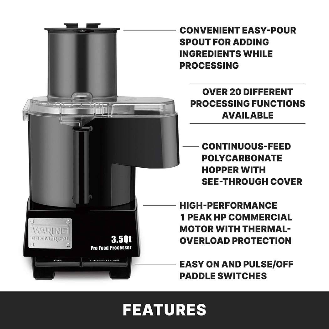 A black 3.5-quart commercial food processor with a clear hopper. Features include a continuous feed food processor design, easy-pour spout, 20+ functions, 1 peak HP motor with overload protection, paddle switches, and easy on/pulse/off controls.