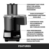 A black 3.5-quart commercial food processor with a clear hopper. Features include a continuous feed food processor design, easy-pour spout, 20+ functions, 1 peak HP motor with overload protection, paddle switches, and easy on/pulse/off controls.