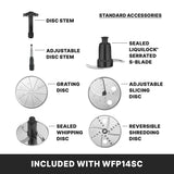 Image of six standard accessories for a commercial food processor: disc stem, adjustable disc stem, sealed LiquiLock serrated S-blade, grating disc, adjustable slicing disc, sealed whipping disc, and reversible shredding disc. Text reads: “Included with WFP14SC.”.