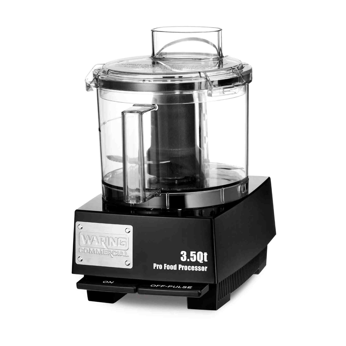 A Waring Commercial Food Processor with a 3.5 quart clear plastic bowl, LiquiLock Seal System, black base, and large metallic label. Labeled “on” and “off/pulse” switches are on the base. Photographed against a plain white background.