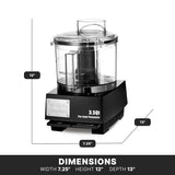 A black and clear 3.5 quart food processor is shown with labeled dimensions: 12 inches tall, 7.25 inches wide, and 13 inches deep. The machine’s metal plate reads “3.5 Qt Pro Food Processor” and features control buttons at the base.