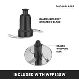 Two Commercial Food Processor attachments are shown: a Sealed LiquiLock serrated S-blade at the top and a Sealed Whipping Disc at the bottom. Both fit the 3.5 quart unit and feature the reliable LiquiLock Seal System for secure processing.