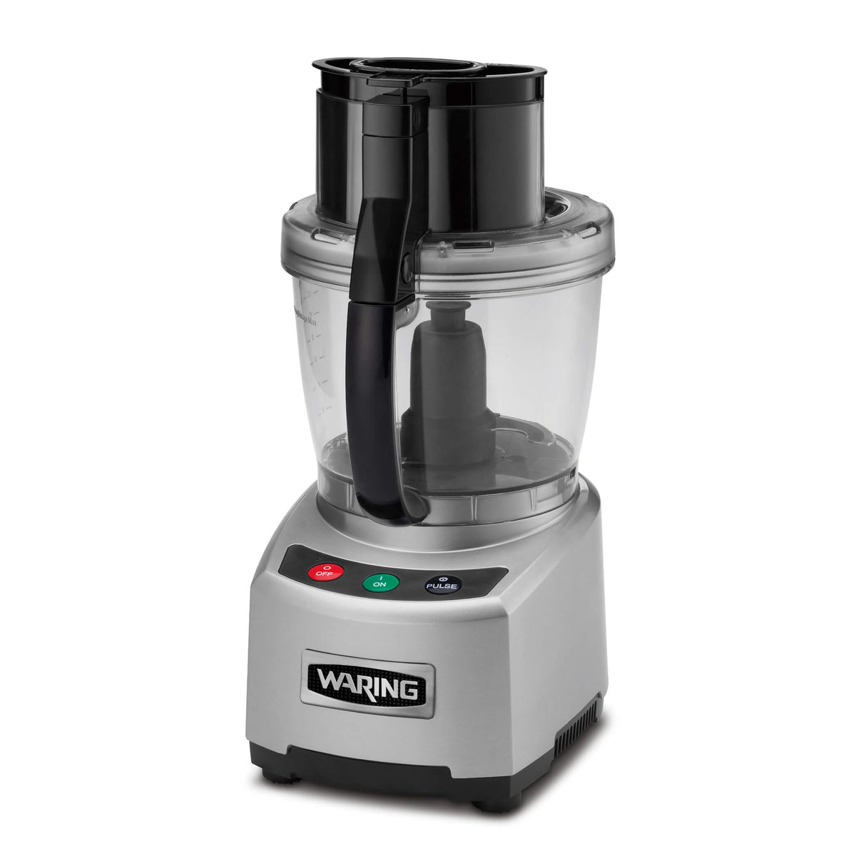 A silver Waring food processor with a clear 4 qt batch bowl and black handle. The base features three buttons: green, red, and black, with icons and text. The lid has a feed tube, pusher, and LiquiLock seal system. Waring logo on the front.