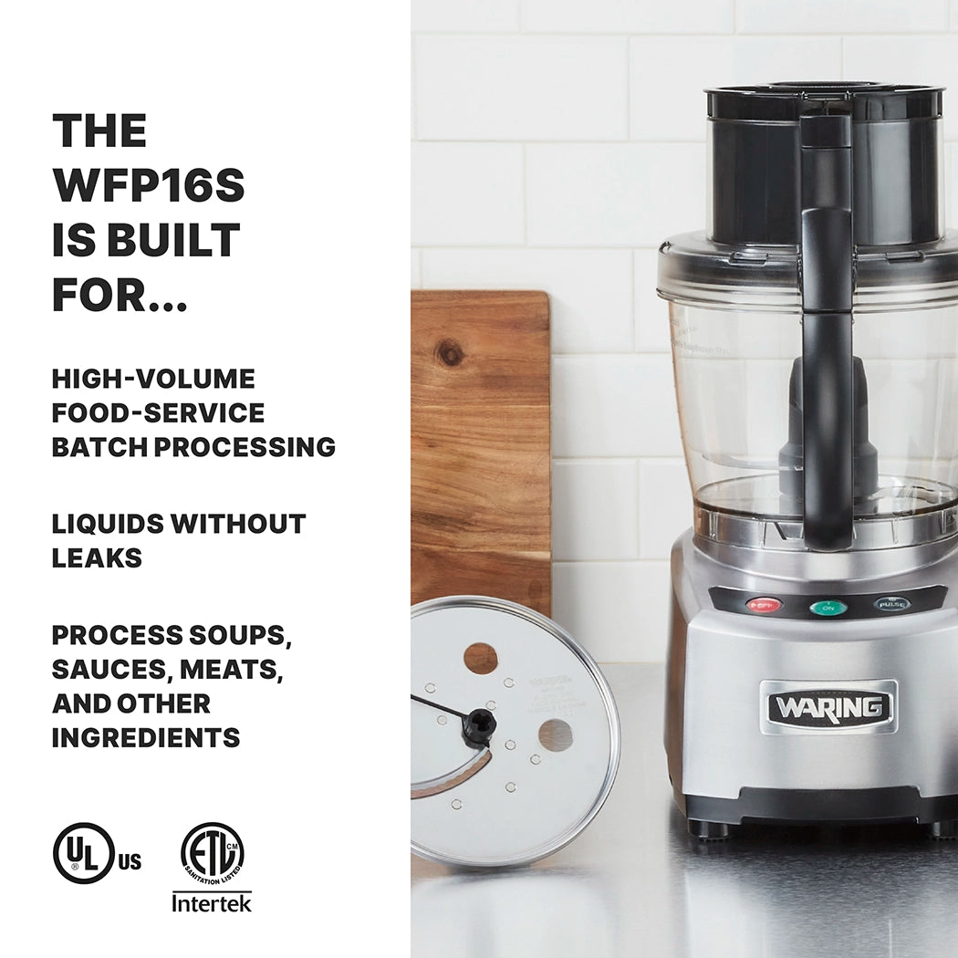 A heavy duty Waring food processor sits on a kitchen counter next to a metal slicing disc. Text on the left highlights the WFP16S model’s LiquiLock seal system, high-volume food-service processing, and leak prevention. Certification logos appear below.