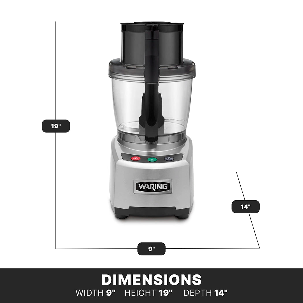 A heavy duty gray Waring food processor is shown front-facing. It features a clear bowl with LiquiLock seal system, black lid and handle, and three colored buttons. Dimensions: 19"H x 9"W x 14"D. The base has a Waring logo and sits on a black DIMENSIONS-labeled surface.